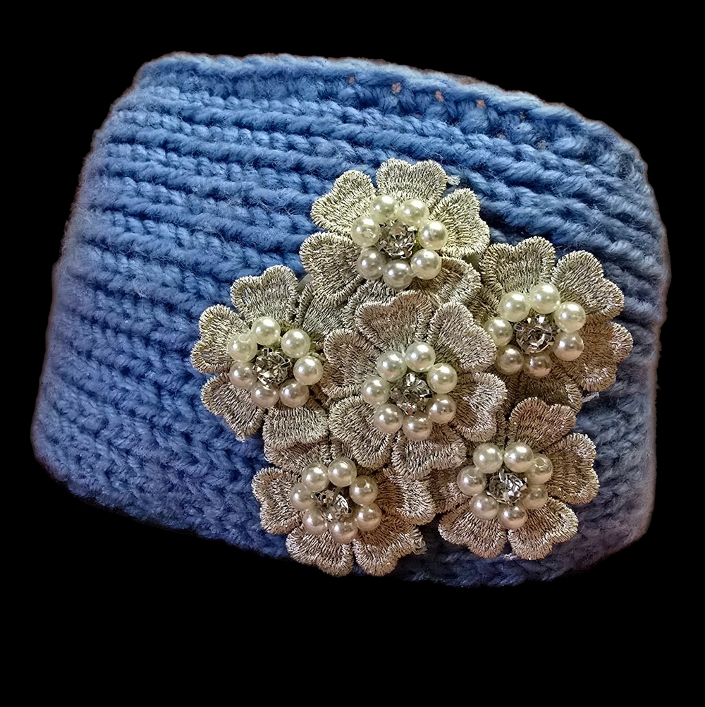 Cozy Blue Knit Headband-Floral Embellishment & Pearl Accents (NWOT)